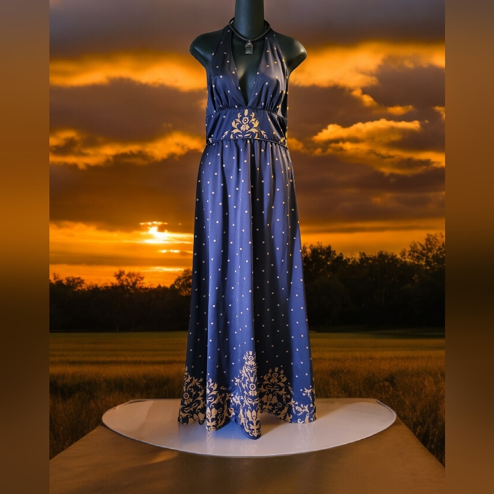 Stunning silky halter polka dot maxi dress